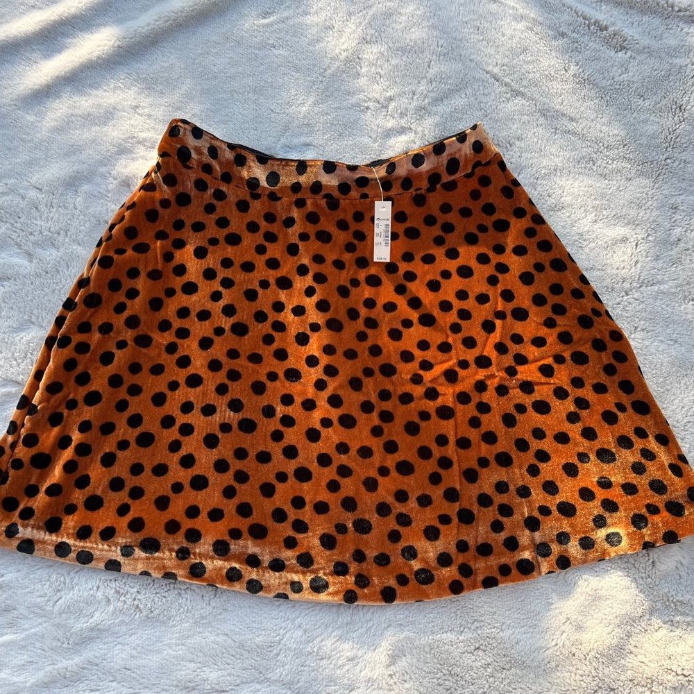 🐆Madewell Velvet A-Line Mini Skirt Leopard Polka Dot Circle Gold & Black Size 8